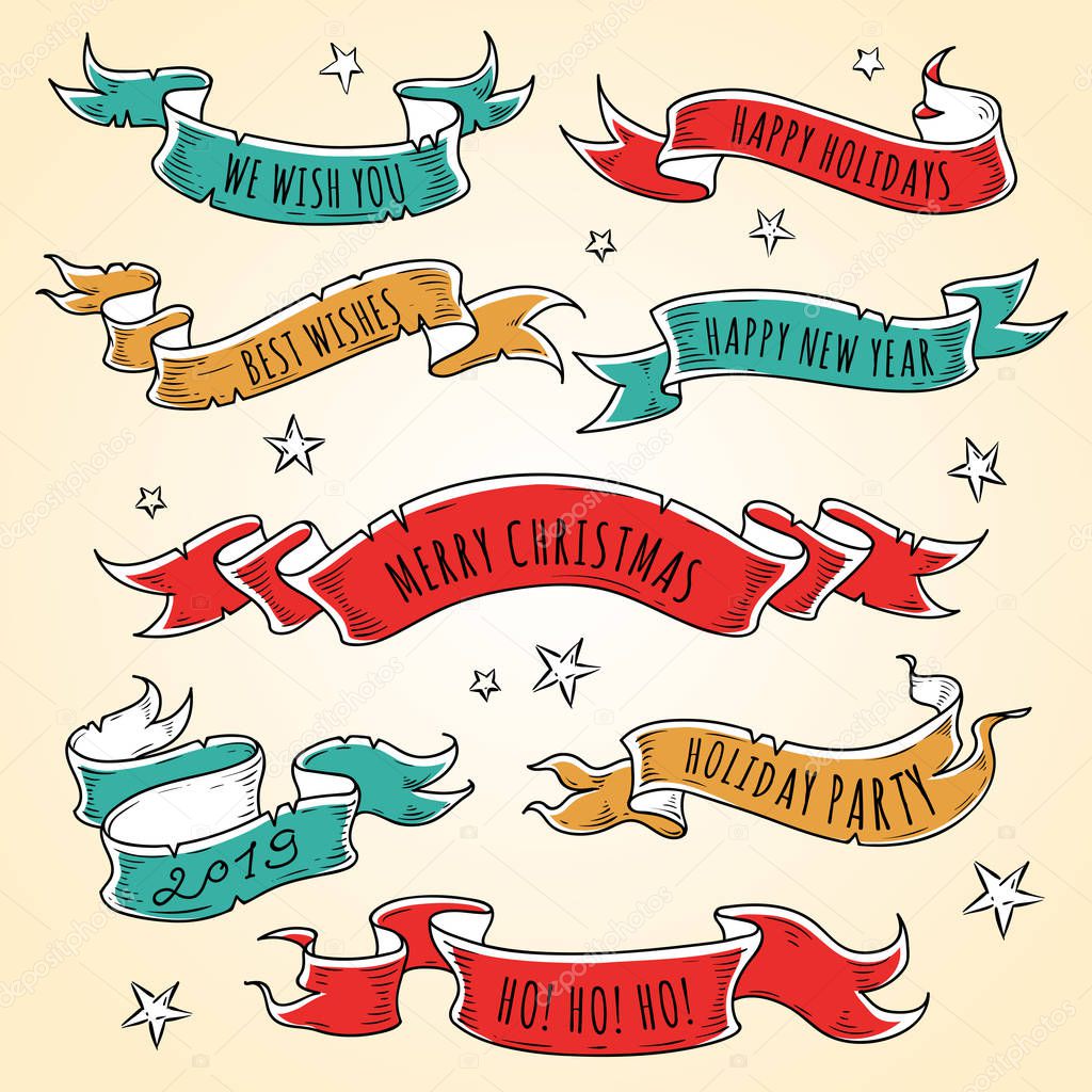 Set of colored holiday ribbons with stars and inscriptions. Illustration for holiday label,sticker, greeting card