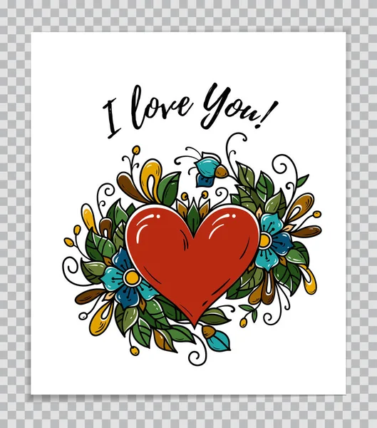 Plantilla de tarjeta de San Valentín. Ilustración vectorial con corazón rojo y composición floral . — Vector de stock