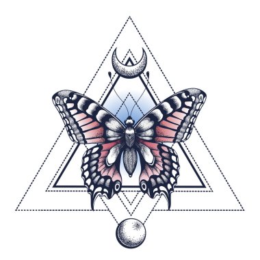 Siyah mürekkep. Kelebek, piramit, yarım ay ve ay. Dövme tasarım. Ruh, ölümsüzlük, yeniden doğuş mistik sembol