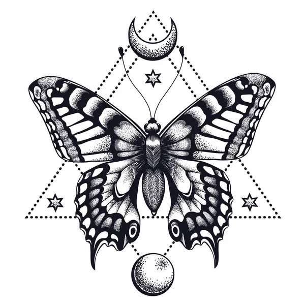 Borboleta em triângulo, meia lua e lua. Design de tatuagem. Símbolo místico da alma, imortalidade, renascimento e ressurreição — Vetor de Stock