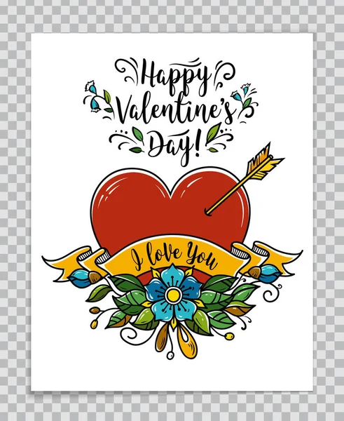 Biglietto di San Valentino felice con cuore, fiore, freccia — Vettoriale Stock