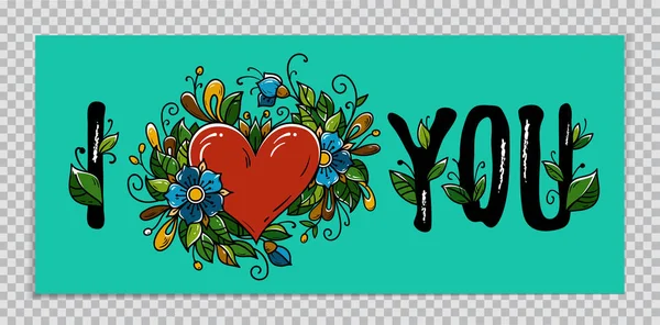 Valentinstag Banner auf transparentem Hintergrund. Handzeichnung Kalligraphie ich liebe dich und rotes Herz verzierte Blumen — Stockvektor