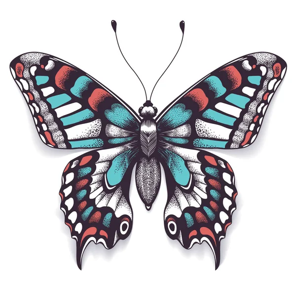 Tatuaje mariposa realista tropical con sombra . — Vector de stock