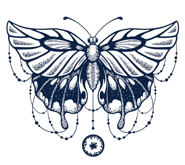 Prachtige Winged vlinder met kralen. Elegante tattoo vlinder. Tropische vlinder Papilio Memnon. Symbool van vrijheid. — Stockvector