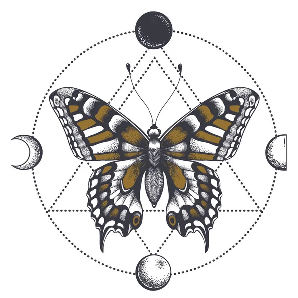 Tatuaje de mariposa en triángulo. Fases lunares . — Vector de stock