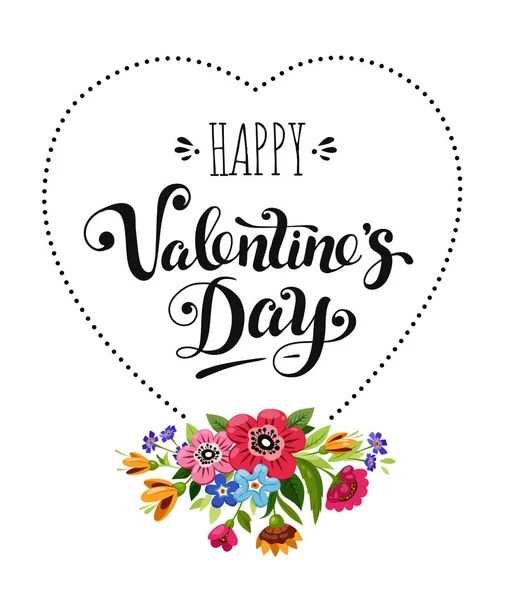 Happy Valentijnsdag kaart. Elegante belettering in hart frame ingericht bloemen. Vectorillustratie vakantie — Stockvector