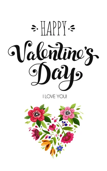Feliz cartão do Dia dos Namorados. Letras elegantes Feliz Dia dos Namorados e coração de flor. Caligrafia de férias . —  Vetores de Stock