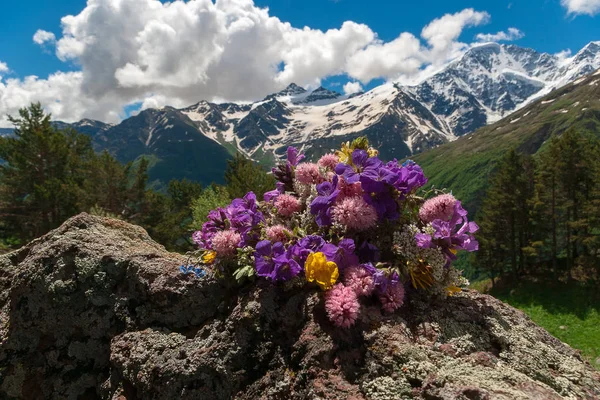 Helder gekleurd veldboeket ligt op steen. Berglandschap. Berg bloemen. — Stockfoto