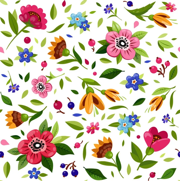 Modèle de fleur sans couture vectorielle avec rose, tulipe, tournesol, pavot, oublions-moi, baies et feuilles. Modèle d'été . — Image vectorielle