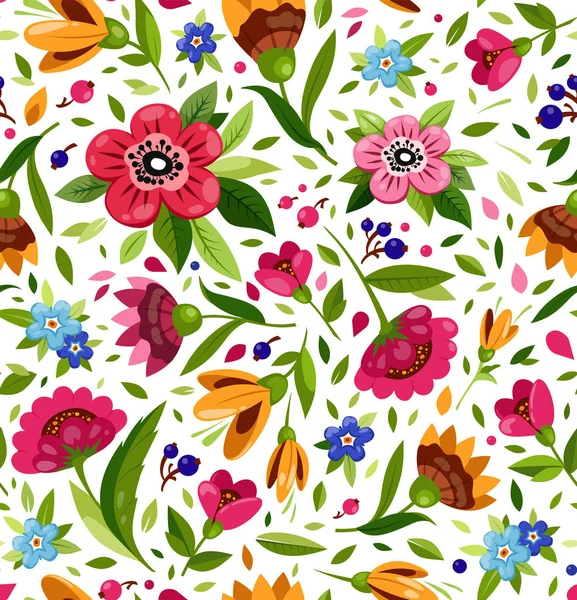 Vector seamless flower pattern. Cute floral pattern with colorful flowers, berry, leaves. Bright, warm summer pattern. — Stock Vector