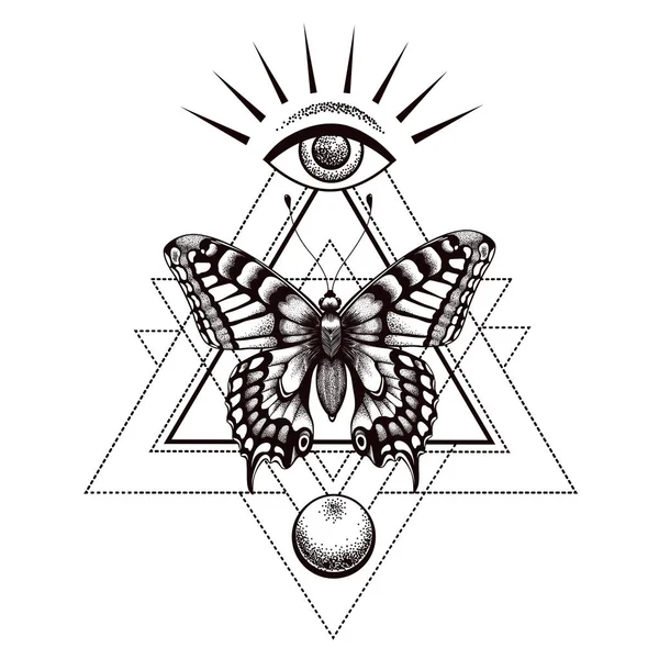 Tatuaje de mariposa sacra y diseño de camiseta. Mariposa en triángulo, en la parte superior es el ojo que todo lo ve de Horus y la luna por debajo . — Vector de stock