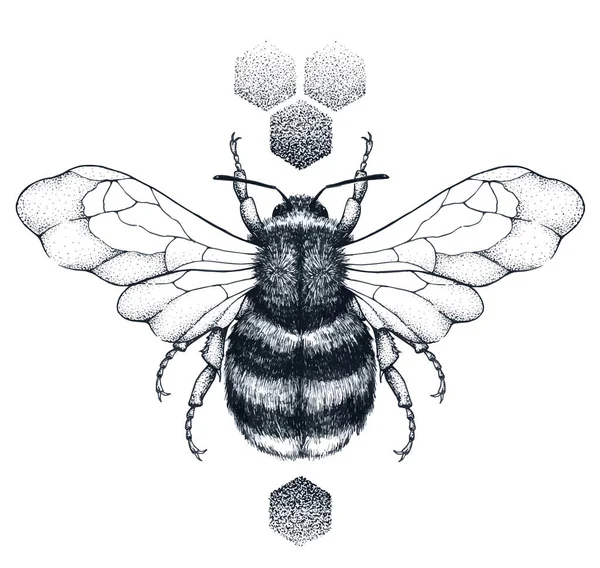 Honey Bee och Honeycomb Tattoo. Dotwork tatuering. Symbol för flit — Stock vektor