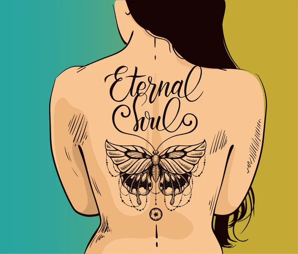Ilustración de mujer sexy con hermoso tatuaje de mariposa en la espalda. La mariposa es símbolo del alma eterna, nueva vida — Vector de stock