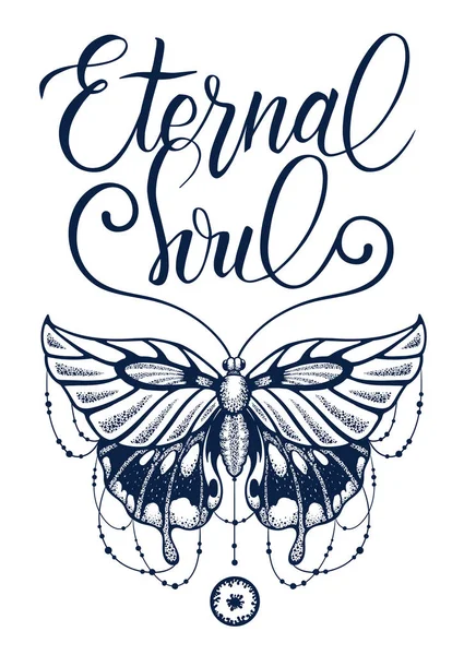 Un tatuaje. Hermosa mariposa alada decorada con hebras de perlas y elegante caligrafía. Diseño de camiseta . — Archivo Imágenes Vectoriales