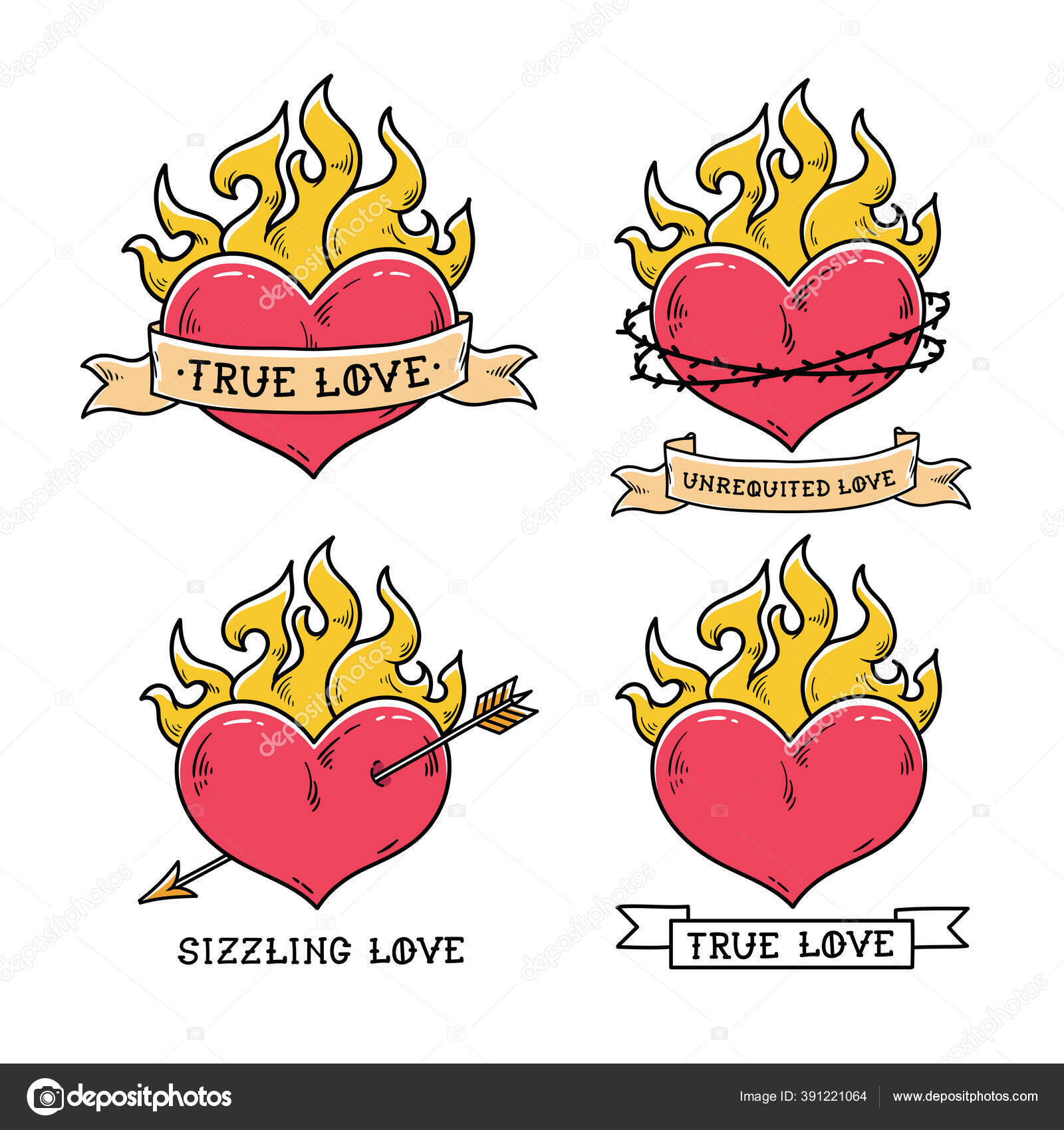 Set of Flaming Heart Tattoos with Ribbon Stock Vector  Illustration of  crown flaming 191170783