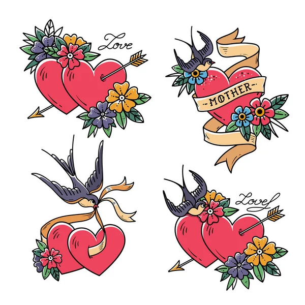 Set de tatuajes de corazón con pajares.Estilo de la vieja escuela — Archivo Imágenes Vectoriales