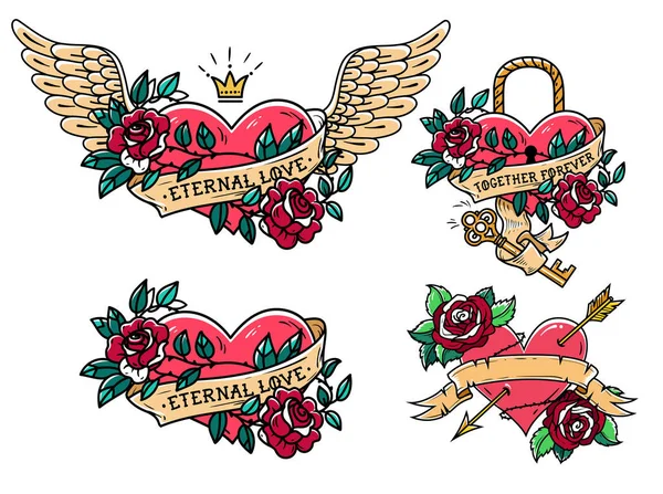 Conjunto de tatuajes de corazón con rosas y cintas . — Vector de stock