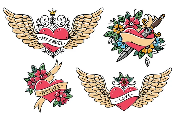 Set de tatuajes de corazón en estilo old school — Archivo Imágenes Vectoriales