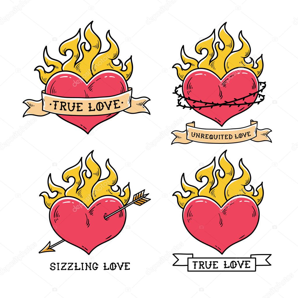 Set of Flaming Heart Tattoos with ribbon.