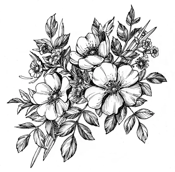 Tätowierter Blumenzweig. Zweig der blühenden Rose — Stockfoto