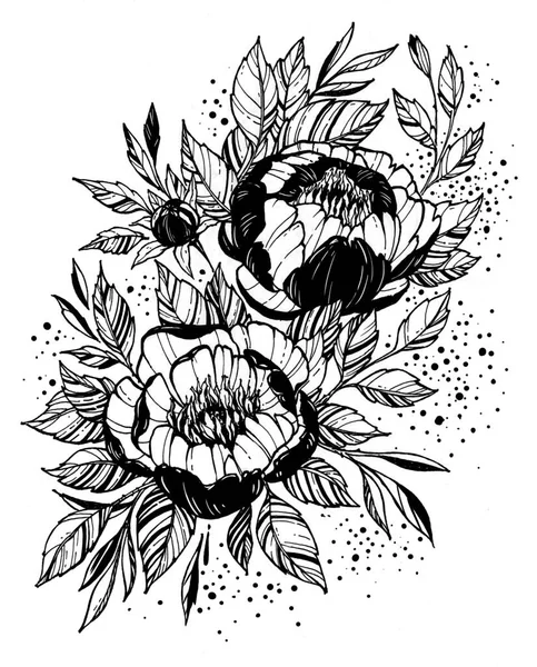Tatuażowa gałąź kwiatów. Gałąź kwitnącej piwonii — Zdjęcie stockowe