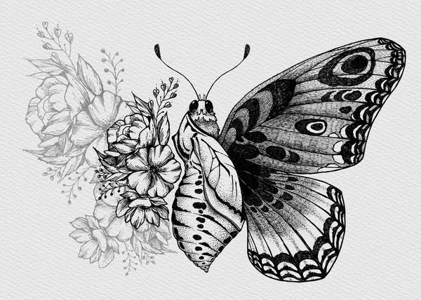 Diseño de tatuaje de mariposa con flores. Nacimiento de mariposa . —  Fotos de Stock