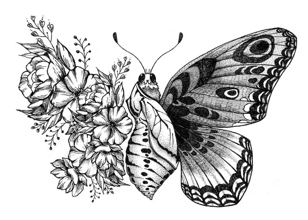 Diseño de tatuaje de mariposa con flores. Nacimiento de mariposa . —  Fotos de Stock