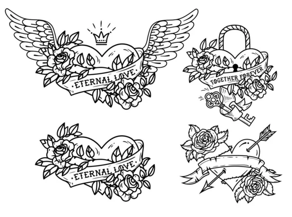 Sada srdečních tetování s růžemi a stuhami. — Stockový vektor