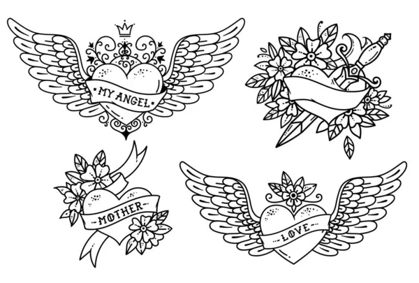 Set de tatuajes de corazón en estilo old school — Vector de stock