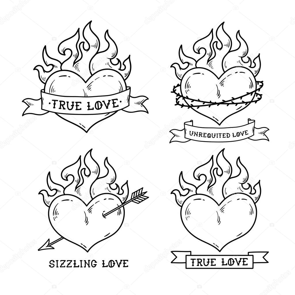 Set of Flaming Heart Tattoos with ribbon.