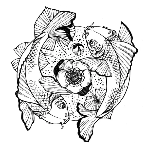 Koi sazan balığı ve nilüferli Yin ve Yang çizimleri — Stok fotoğraf