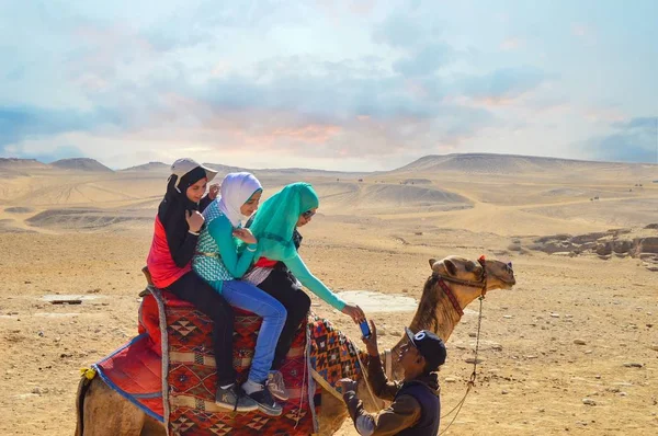 Três jovens no camelo visitando Cairo, Egito — Fotografia de Stock