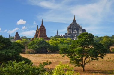 Ağaçların Arkasında Shwesandaw Pagoda ve Kırmızımsı Stupas