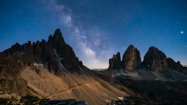Time Lapse Milky Way Tre Cadi Lavaredo Demites Italy — стоковое видео