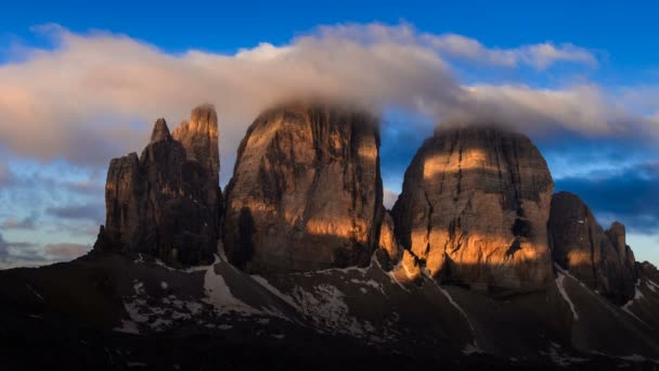 Caducidad Temporal Montaña Tre Cime Amanecer Dolomitas Italia — Vídeo de stock