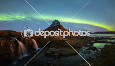 4k Timelapse, Aurora Borealis (Kuzey ışıkları) üzerinden Kirkjufell dağ, İzlanda 