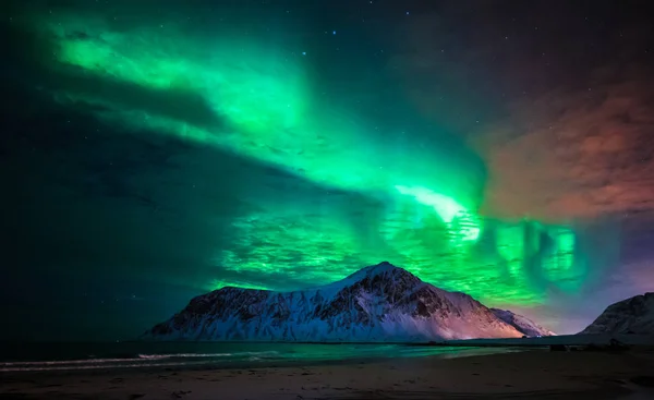 Aurora borealis (northern lights) over Skagsanden beach. Lofoten — Stock Photo, Image