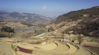 Hava manzaralı, İHA Yuanyang pirinç terası üzerinde uçuyor, Yunnan, Çin