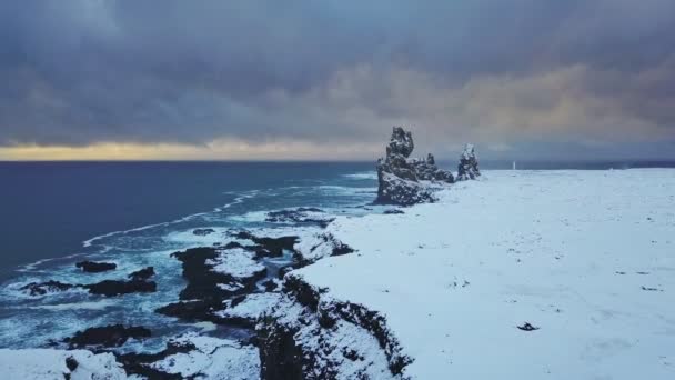 Aerial View Drone Flying Londrangar Cliffs Snaefellsnes Iceland — Stock Video