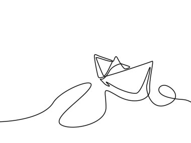 Sürekli çizgi çizim Kağıt gemi. Vektör çizimi.