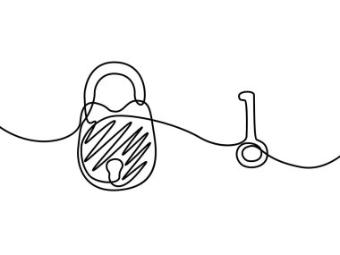 Anahtarlı asma kilit. Sürekli çizgi çizimi. Vektör çizimi.