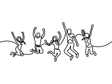 Bir grup kız ve erkek mutlu olmak için zıplıyor. Sürekli çizgi çizimi. Vektör çizimi.