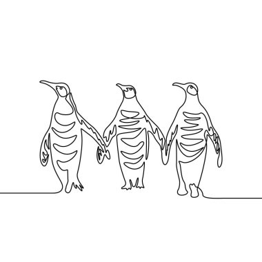 Sürekli çizgi çizim üç penguenler. Penguenler grubu. 
