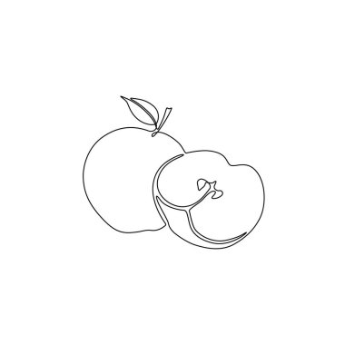 Sürekli çizgi elma ve dilimlenmiş elma. Vektör çizimi.