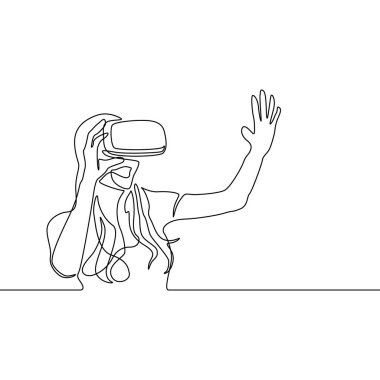 Vr gözlüklü sürekli çizgi Kadın. Vektör çizimi.