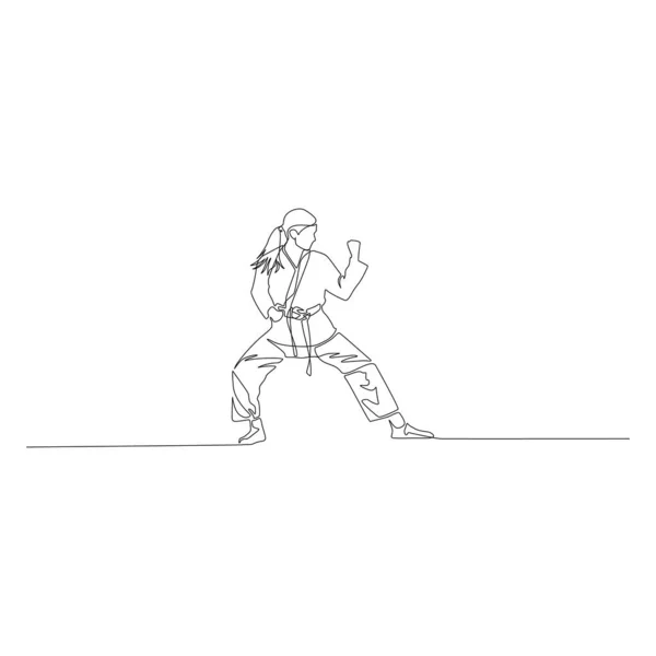 Karate Ragazza Piedi Una Posa Combattimento Disegno Linea Continua Illustrazione — Vettoriale Stock