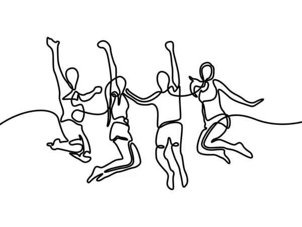 Dibujo Línea Continua Grupo Niños Niñas Saltando Para Feliz Ilustración — Vector de stock