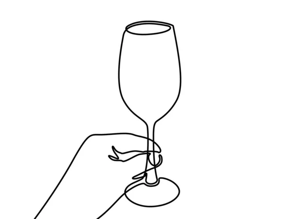 Mano Che Tiene Bicchiere Vino Disegno Linea Continua — Vettoriale Stock