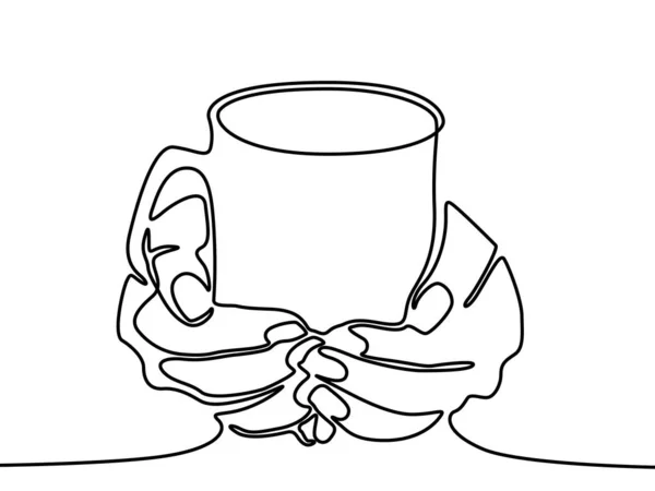 One Line Drawing Hand Holding Mug Tea Coffee — Stock Vector