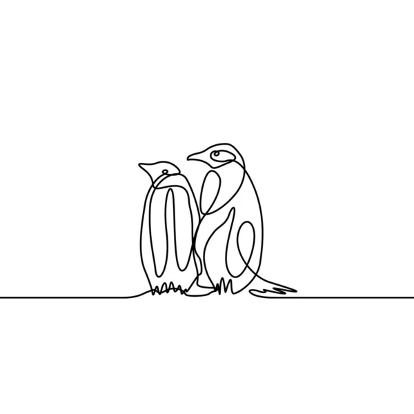 Linea Continua Che Disegna Due Pinguini Sono Piedi Nelle Vicinanze — Vettoriale Stock